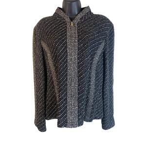 St. John Mock Neck Sweater Black Hidden Zip Up Cardigan Mock Neck Glimmer Sz 12